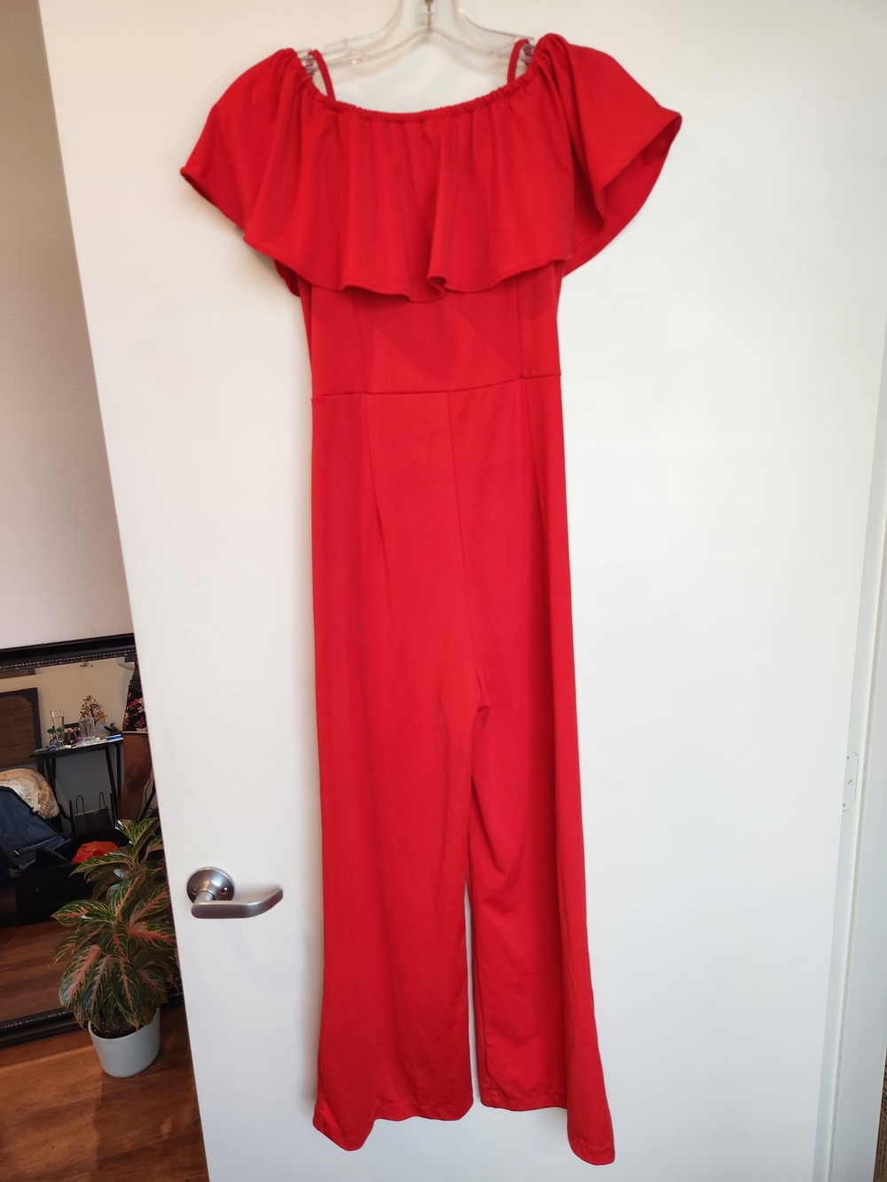 Red Off-Shoulder Ruffle Jumpsuit - Picture 3 of 9